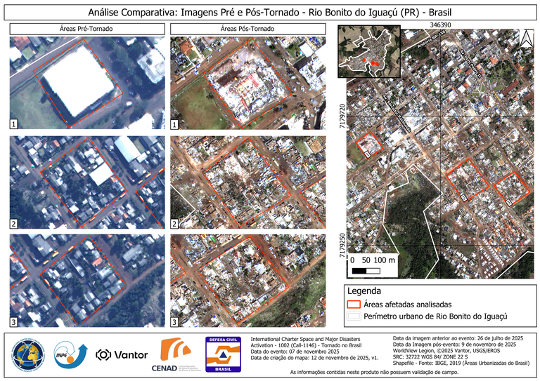 Análise comparativa realizada pelo INPE: imagens de Rio Bonito do Iguaçu (PR) antes e depois do tornado. Créditos: Instituto Nacional de Pesquisas Espaciais (INPE)