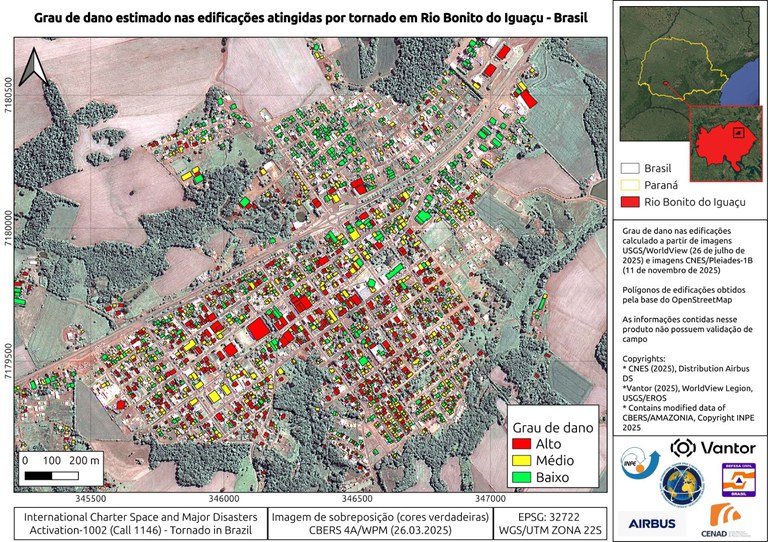 Imagem de Rio Bonito do Iguaçu (PR) com o mapeamento realizado pelo INPE: cada área colorida representa os danos estimados nas edificações atingidas. Créditos: Instituto Nacional de Pesquisas Espaciais (INPE)