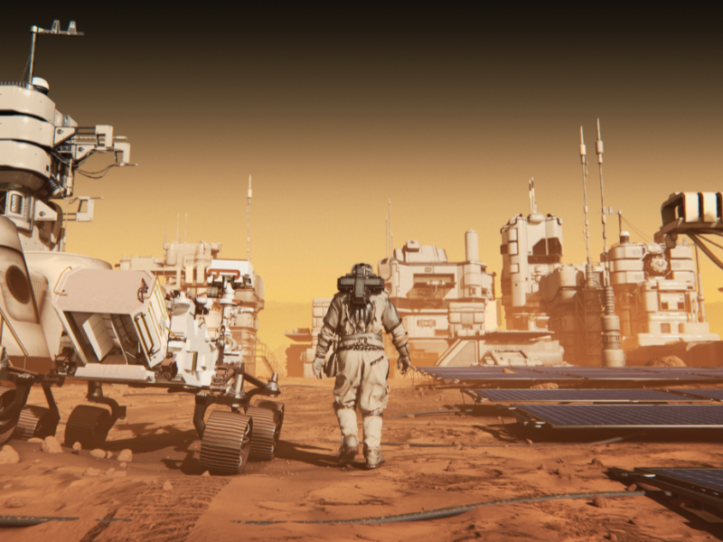 Astronauta caminhando em Marte, com rover exploratório, painéis solares e uma colônia futurista ao redor, simbolizando a presença humana em outro planeta e a infraestrutura necessária para sobrevivência.