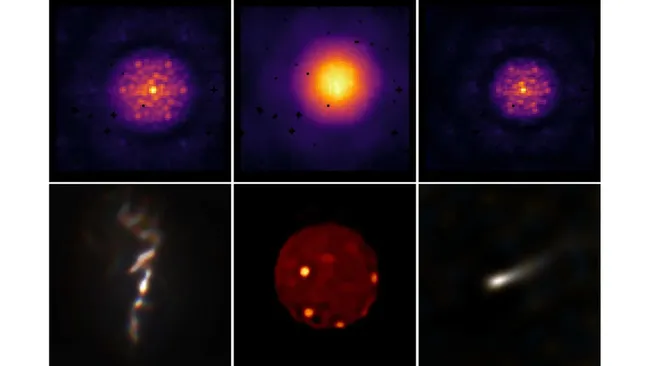 Da esquerda para a direita: imagens da galáxia NGC 1068, da lua de Júpiter Io e da estrela Wolf-Rayet 137, antes (acima) e depois (abaixo) do aprimoramento por inteligência artificial.
Créditos da imagem: Max Charles / Universidade de Sydney