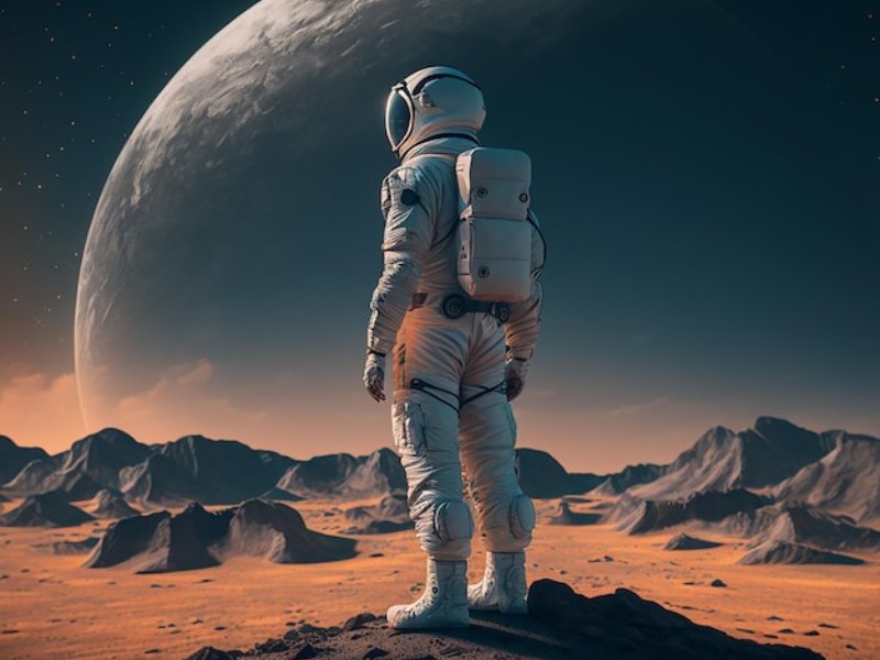 Astronauta em planeta distante observando a imensidão do plano, com reflexo de um planeta ou lua maior ao fundo, simbolizando exploração espacial e os desafios humanos.