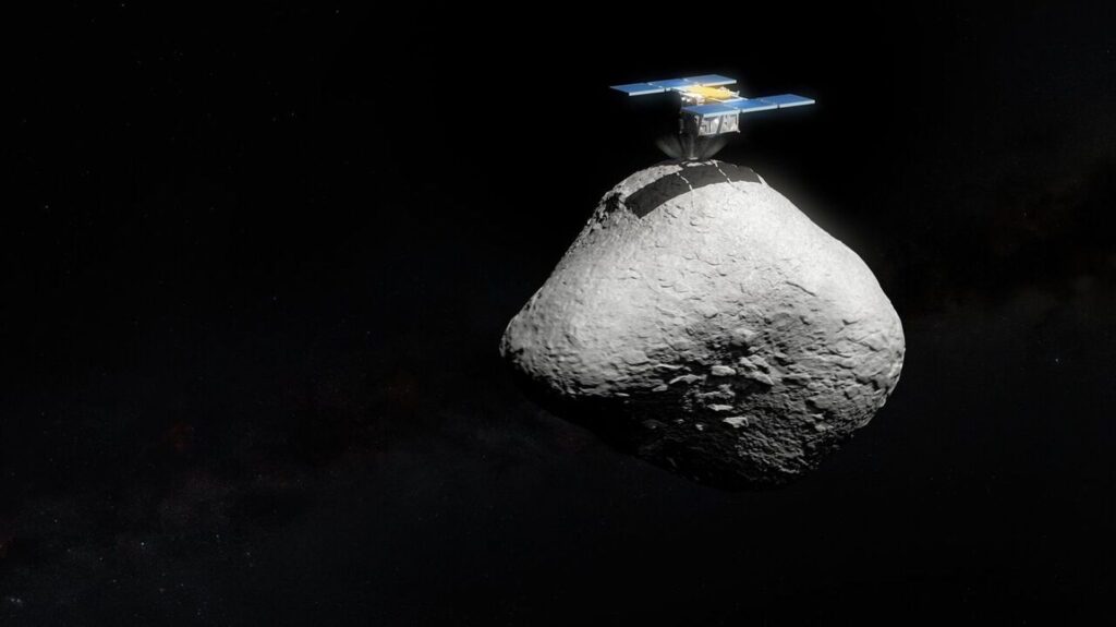 Uma ilustração artística da missão espacial japonesa Hayabusa2 pousando na superfície do asteroide 1998 KY26. Novas observações com o Very Large Telescope (VLT) do ESO revelaram que 1998 KY26 tem apenas 11 metros de largura, quase três vezes menor do que se pensava anteriormente, e gira uma vez a cada 5 minutos, muito mais rápido do que o esperado. A imagem acima mostra uma comparação atualizada de tamanho entre o asteroide e a espaçonave.
Créditos:
ESO/M. Kornmesser. Asteroide: T. Santana-Ros et al. Modelo da Hayabusa2: SuperTKG (CC-BY-SA).