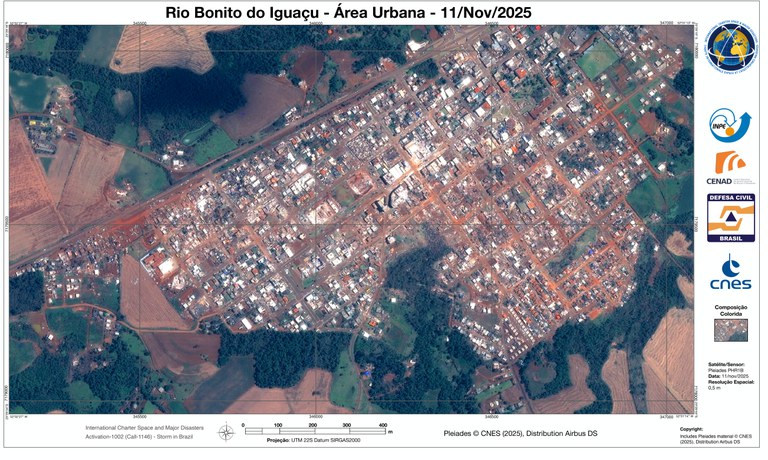 Imagem de satélite de Rio Bonito do Iguaçu (PR) registrada após o tornado. Fonte: INPE (Instituto Nacional de Pesquisas Espaciais).