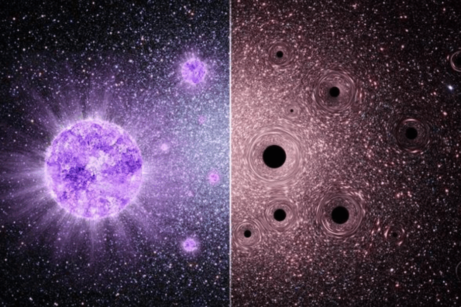 À esquerda, uma ilustração artística de um aglomerado globular próximo ao seu nascimento, abrigando estrelas extremamente massivas com ventos estelares poderosos que enriquecem o aglomerado com elementos formados em temperaturas extremamente altas. À direita, um antigo aglomerado globular como o observamos hoje: as estrelas de baixa massa sobreviventes ainda preservam traços dos ventos dessas estrelas massivas, que desde então colapsaram em buracos negros de massa intermediária. Créditos: Fabian Bodensteiner; fundo: imagem do aglomerado globular Omega Centauri, na Via Láctea, capturada com a câmera WFI no Observatório de La Silla, do ESO.