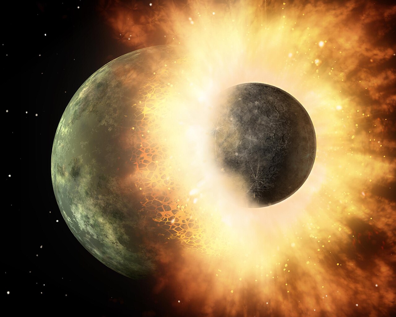 Conceito artístico mostrando uma colisão de alta velocidade entre um corpo do tamanho da Lua e outro do tamanho de Mercúrio, em torno da estrela jovem HD 172555. Crédito: NASA/JPL-Caltech.