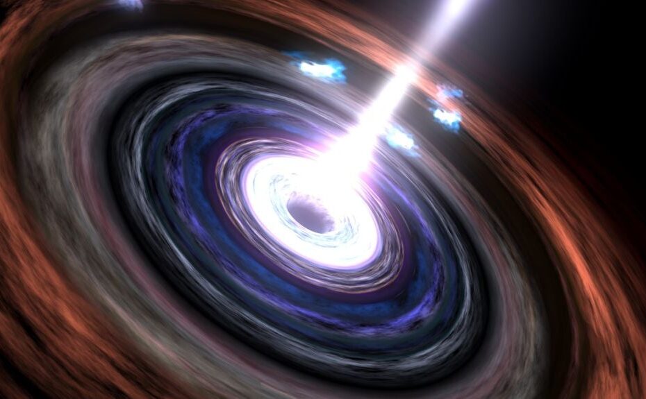 No coração de uma galáxia ativa, a matéria que cai em direção a um buraco negro supermassivo cria jatos de partículas viajando perto da velocidade da luz. Em galáxias ativas classificadas como blazares, um desses jatos aponta quase diretamente para a Terra. Crédito: NASA/Goddard Space Flight Center Conceptual Image Lab.