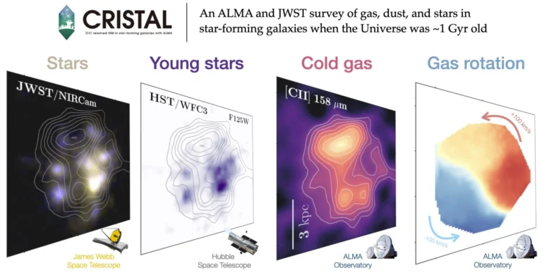 Zoom na emissão de uma galáxia primordial observada no levantamento CRISTAL. Da esquerda para a direita, a imagem mostra a luz estelar capturada pelos telescópios espaciais James Webb e Hubble, além do gás frio e da rotação da galáxia rastreados pelo ALMA por meio da emissão de carbono ionizado. Crédito: ALMA / HST / JWST / R. Herrera-Camus