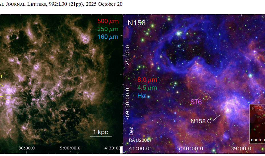 O painel à esquerda mostra o mosaico em três cores da Grande Nuvem de Magalhães (LMC), combinando imagens do Herschel/HERITAGE nas bandas SPIRE 500 μm (vermelho), 250 μm (verde) e PACS 160 μm (azul; M. Meixner et al. 2013), com as posições das regiões de formação estelar N158 (que abriga ST6) e 30 Dor indicadas. O retângulo amarelo destaca o campo de visão da imagem mostrada no painel da direita: um mosaico em três cores da região N158, combinando imagens do Spitzer/SAGE IRAC 8.0 μm (vermelho), 4.5 μm (verde; M. Meixner et al. 2006) e MCELS Hα (azul; R. C. Smith & Equipe MCELS 1998). A posição de ST6 está indicada com um círculo branco e identificada por rótulo. O inset (imagem ampliada) mostra um zoom de ST6 e seus arredores. Os contornos representam a emissão de ¹³CO (2–1), com níveis de contorno correspondendo a (10, 20, 40, 80)% do pico de emissão de 12,4 Jy beam⁻¹ km s⁻¹; o tamanho do feixe sintetizado é de 7″ × 7″. Mais detalhes podem ser encontrados no Apêndice A.