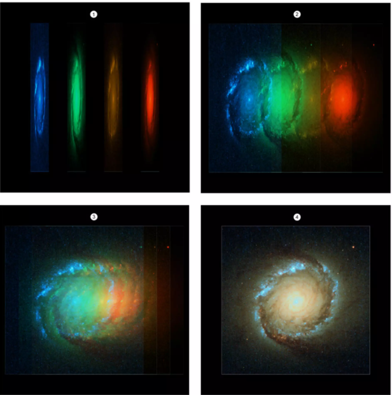 Sequência em quatro etapas mostrando como uma imagem astronômica do Telescópio Espacial Hubble é construída a partir de diferentes filtros de cor. No primeiro quadro, a galáxia aparece separada em quatro versões monocromáticas: azul, verde, amarelo e vermelho. No segundo quadro, essas camadas começam a ser sobrepostas, revelando regiões distintas realçadas por cada comprimento de onda. No terceiro quadro, a combinação fica mais uniforme, com as cores mescladas formando uma imagem composta mais rica em detalhes. No quarto e último quadro, surge a imagem final totalmente integrada, mostrando a galáxia em cores completas e balanceadas.
Foto: ESA / Divulgação