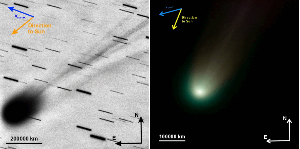 Duas imagens do cometa C/2025 A6: à esquerda, uma captura em filtro R mostrando a coma de 150 mil km e uma cauda de cerca de 1 milhão de quilômetros; à direita, uma composição colorida em filtros B, V e R evidenciando a coma esverdeada causada pela emissão de C₂.