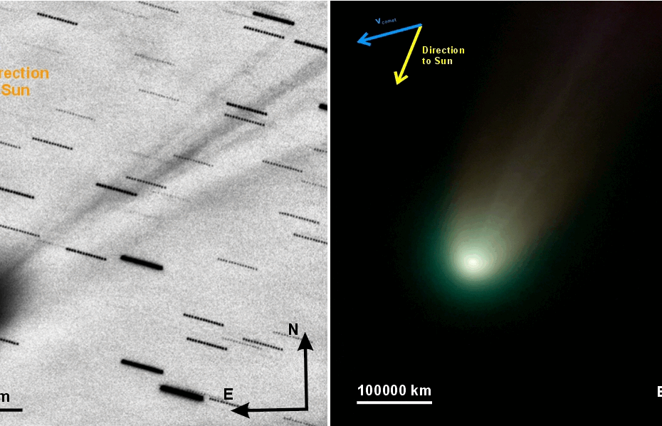 Duas imagens do cometa C/2025 A6: à esquerda, uma captura em filtro R mostrando a coma de 150 mil km e uma cauda de cerca de 1 milhão de quilômetros; à direita, uma composição colorida em filtros B, V e R evidenciando a coma esverdeada causada pela emissão de C₂.