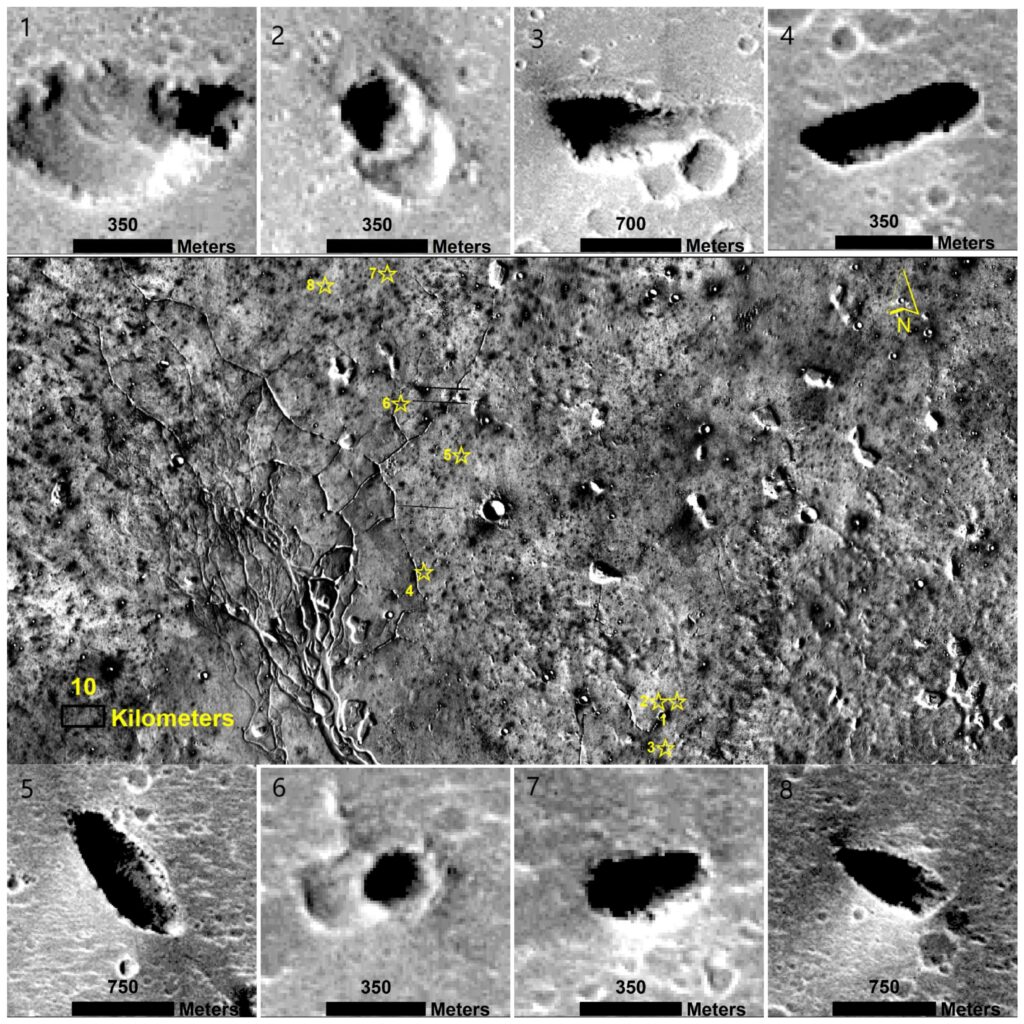 Mapa geológico de Hebrus Valles em Marte mostrando candidatos a claraboias (estrelas amarelas) em relação a linhas de poços, canais de escoamento e sumidouros, evidenciando sua associação com sistemas fluviais.