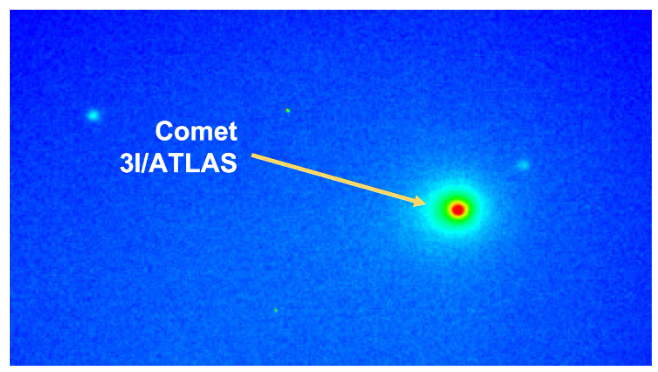 Imagem em falso colorido do cometa 3I/ATLAS registrada no filtro R pelo telescópio de 1,2 metros do Observatório Mt. Abu, mostrando detalhes da coma e atividade cometária em 12 de novembro de 2025. Crédito: PRL Mt. Abu Observatory.
