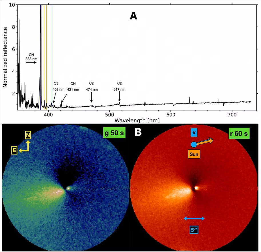 Espectro visível e imagens do cometa interestelar 3I/ATLAS obtidos pelo telescópio Gemini South em 14 de setembro de 2025, mostrando emissões de CN, C3 e C2 e a presença de um leque de poeira de aproximadamente 15 segundos de arco apontando na direção anti-solar. Crédito: Gemini Observatory / NSF’s NOIRLab / AURA.
