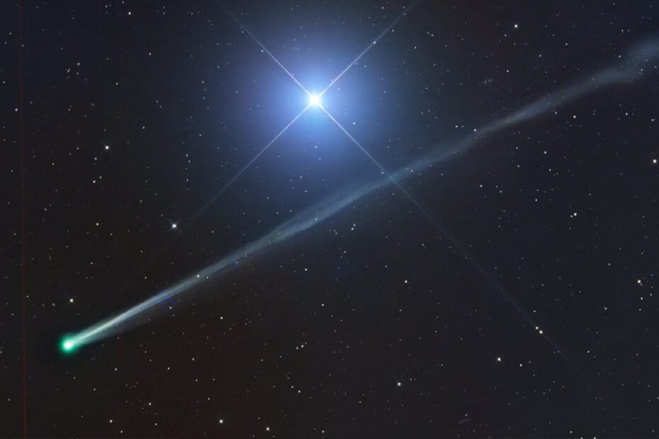 O Cometa C/2025 R2 (SWAN) passou próximo à estrela brilhante Spica em 15 de setembro de 2025. Crédito: Gerald Rhemann e Michael Jaeger.