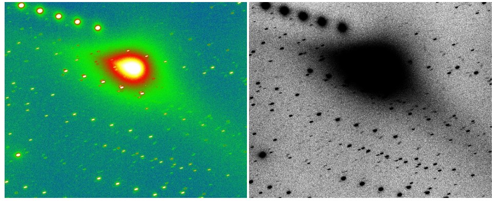 Cometa C/2025 R2 (SWAN) observado em 10 de novembro de 2025, usando o telescópio Copernico de 1,82 m no Observatório Astrofísico Asiago (INAF-OAPd), Itália. A imagem é composta por 5 exposições no filtro R, em cores falsas e negativo. Campo de visão: 510″ (≈200.000 km no plano do céu). Norte para cima. Crédito: INAF-OAPd.