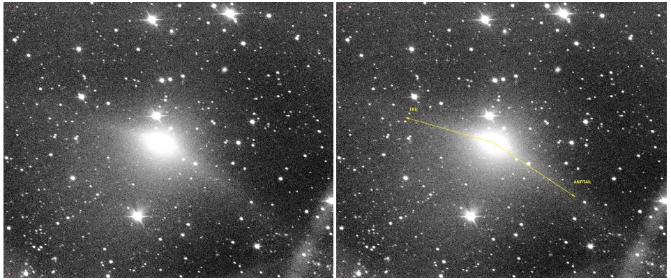 Cometa C/2025 R2 (SWAN) fotografado em 18 de novembro de 2025, a partir de 14 exposições de 180 s no filtro R, usando o telescópio de 0,4 m da Stazione Astronomica di Sozzago, Itália. Campo de visão: 28′ × 23′ (≈845.000 km no plano do céu). Norte para cima. Crédito: Stazione Astronomica di Sozzago