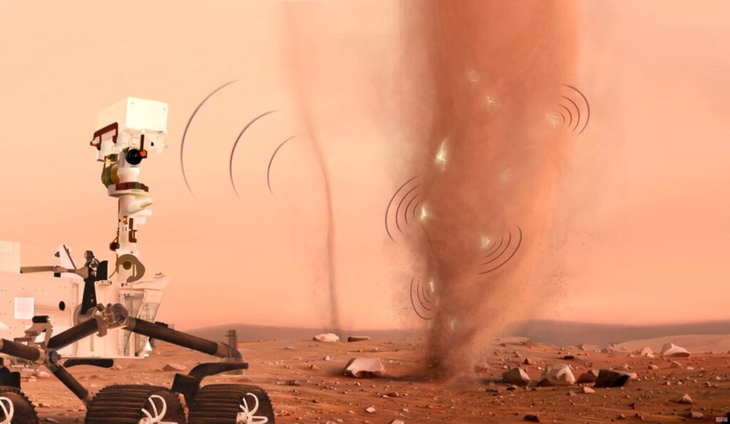 Ilustração do rover Perseverance observando um redemoinho de poeira em Marte a uma distância segura, com sinais de descargas elétricas visíveis no dust devil e ondas sonoras chegando até o rover