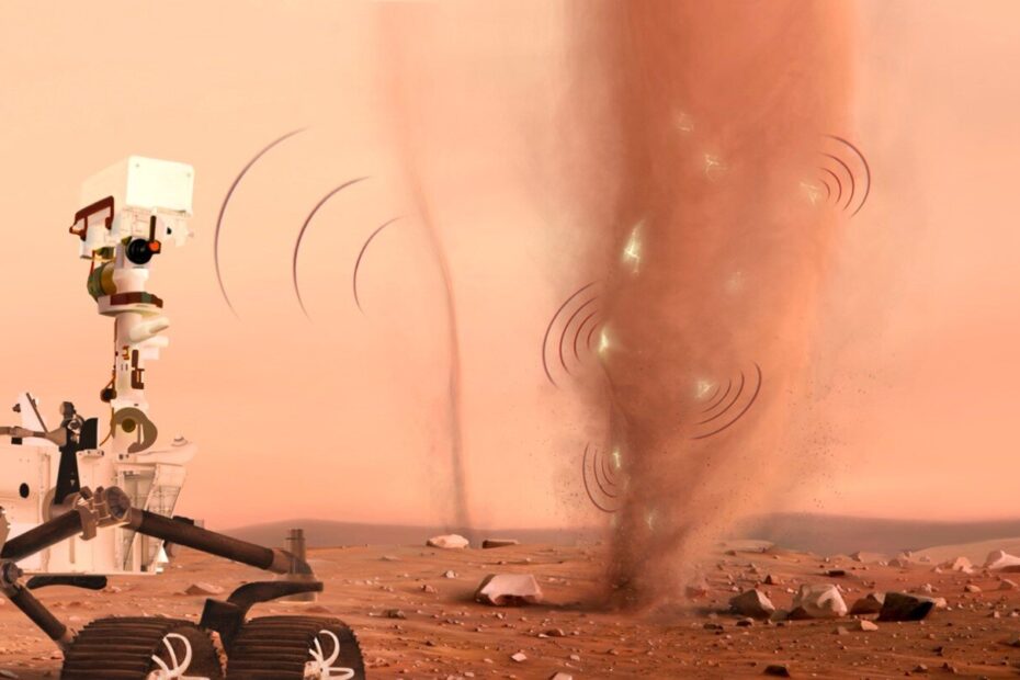 Ilustração do rover Perseverance observando um redemoinho de poeira em Marte a uma distância segura, com sinais de descargas elétricas visíveis no dust devil e ondas sonoras chegando até o rover