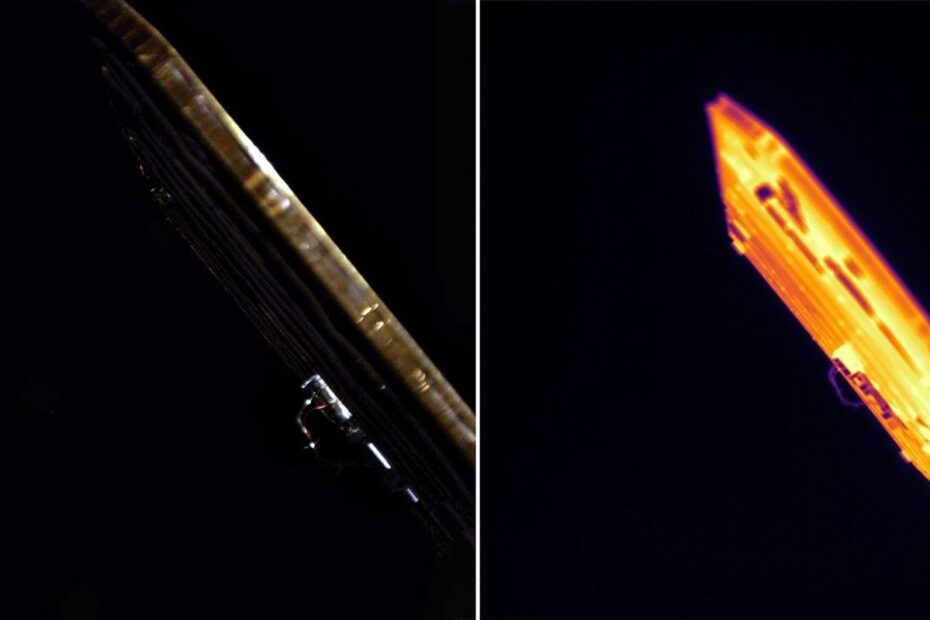 Detalhe do painel solar de uma das espaçonaves ESCAPADE da NASA, mostrando imagens em luz visível e infravermelho, com áreas quentes em tons de amarelo e laranja e áreas frias em roxo e preto, durante as primeiras selfies espaciais da missão.