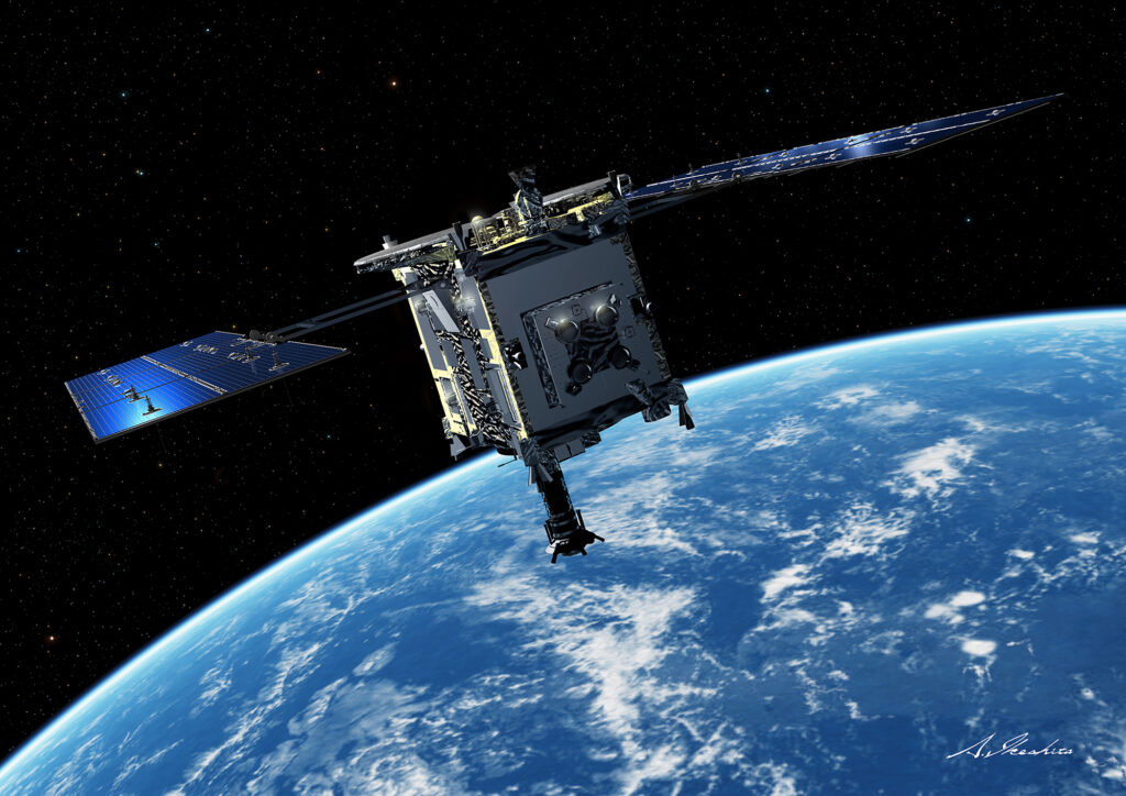 A sonda japonesa Hayabusa2 sobrevoando o espaço, com a Terra ao fundo. A espaçonave aparece em detalhes, com painéis solares estendidos e o corpo principal visível, flutuando acima do planeta azul e branco cercado pelo preto do espaço. ©Akihiro Ikeshita, JAXA