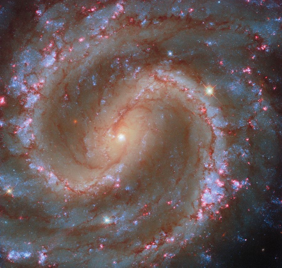 Imagem do Telescópio Espacial Hubble mostrando a galáxia espiral NGC 4535 com seus braços bem definidos e tons azulados e dourados; a galáxia aparece em grande detalhe contra um fundo repleto de estrelas. Crédito: NASA/ESA/Hubble.