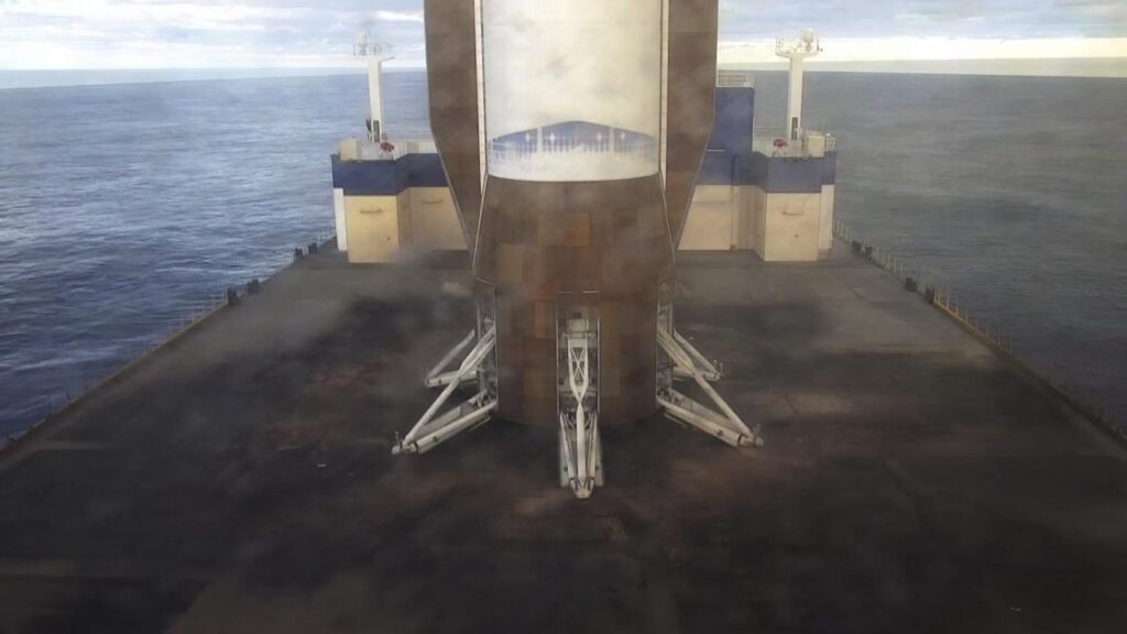 Foguete New Glenn da Blue Origin pousado com sucesso em um drone ship no Oceano Atlântico após lançar as espaçonaves gêmeas ESCAPADE da NASA em Cape Canaveral, Flórida.