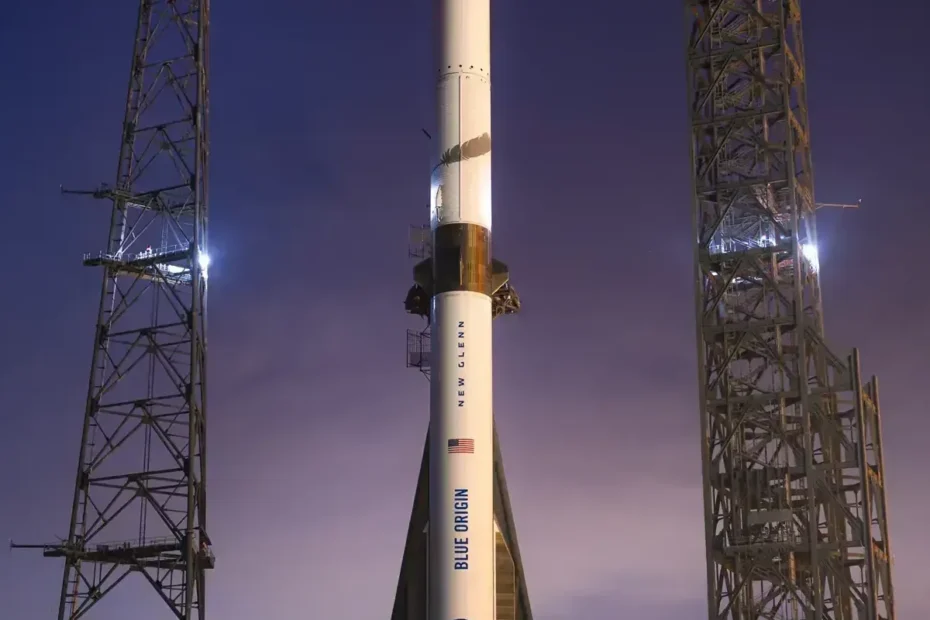 Foguete New Glenn da Blue Origin parado na plataforma de lançamento durante o entardecer, com o céu alaranjado iluminando a estrutura do veículo.