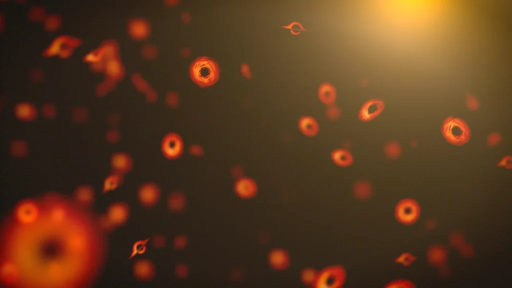 Esta concepção artística adota uma abordagem imaginativa para representar pequenos buracos negros primordiais. Na realidade, buracos negros tão minúsculos teriam grande dificuldade em formar os discos de acreção que os tornam visíveis nesta ilustração. Créditos: NASA’s Goddard Space Flight Center