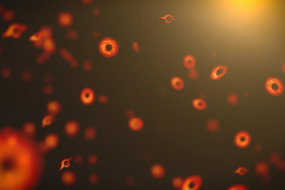 Esta concepção artística adota uma abordagem imaginativa para representar pequenos buracos negros primordiais. Na realidade, buracos negros tão minúsculos teriam grande dificuldade em formar os discos de acreção que os tornam visíveis nesta ilustração. Créditos: NASA’s Goddard Space Flight Center