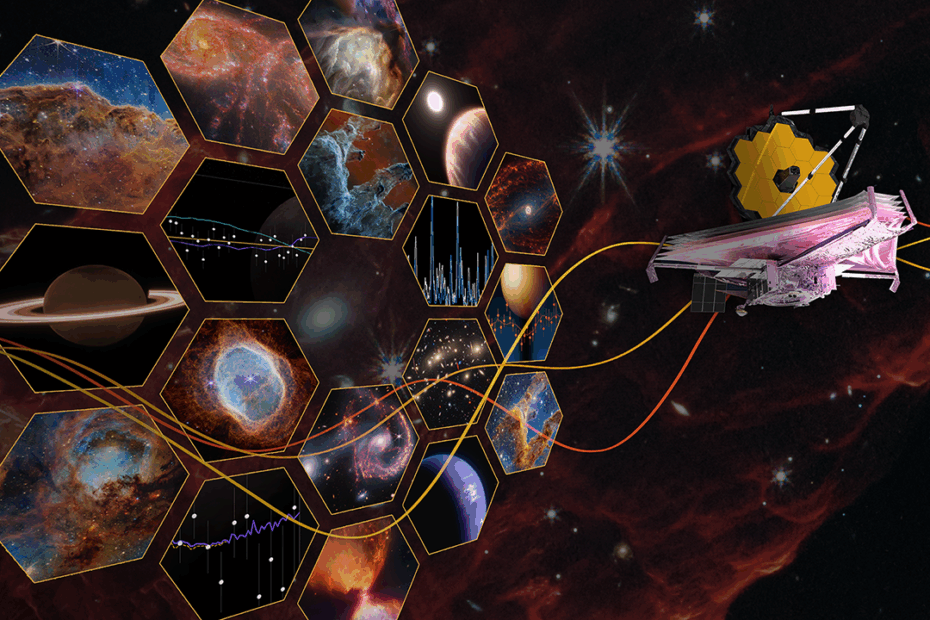 Ilustração artística mostrando algumas das imagens e espectros mais icônicos do Telescópio Espacial James Webb. A composição reúne nebulosas coloridas, galáxias distantes e gráficos espectrais, simbolizando os mais de quatro anos de operações científicas do observatório.
