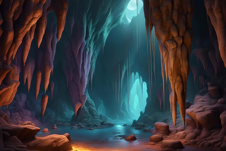 Ilustração do interior de uma caverna em Marte, mostrando paredes rochosas, claraboias naturais na superfície e possíveis depósitos minerais antigos, sugerindo um ambiente protegido que poderia abrigar sinais de vida passada.