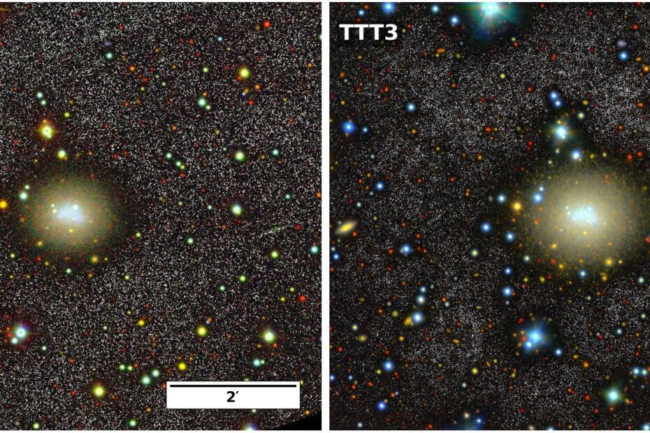 GC6789 vista pelo Sloan Digital Sky Survey (painel esquerdo) e pela imagem profunda obtida com o telescópio TTT3 (painel direito). Em ambos os casos, as imagens coloridas foram criadas usando uma combinação dos filtros Sloan g, r e i. Na distância da galáxia, de 3,6 Mpc, um arco de minuto corresponde a aproximadamente 1,1 kpc. O fundo em preto e branco da imagem corresponde ao filtro g, que é o nosso conjunto de dados mais profundo. Crédito: arXiv (2025). DOI: 10.48550/arxiv.2511.07041