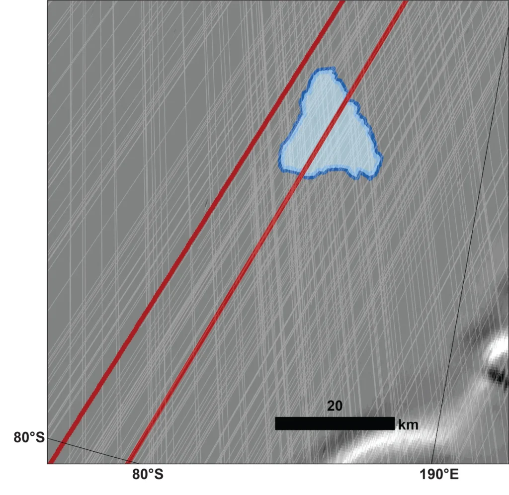 Mapa destacando a área aproximada onde a missão Mars Express da ESA detectou, em 2018, um sinal interpretado como possível lago subterrâneo em Marte. Linhas vermelhas mostram o trajeto da sonda Mars Reconnaissance Orbiter da NASA, que sobrevoou a região e áreas adjacentes.
