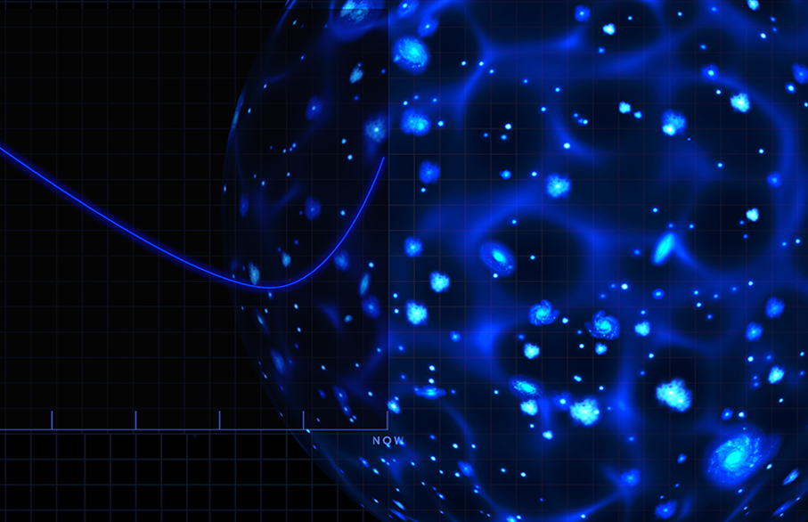 Ilustração artística representando a expansão do universo impulsionada pela energia escura, com galáxias se afastando em um fundo cósmico azul e roxo. Créditos: NASA.