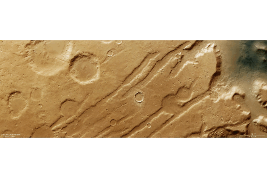 Descrição da imagem: Uma seção da superfície de Marte em tons de marrom claro e bege. Ela apresenta várias grandes crateras circulares espalhadas pelo terreno, junto com longas cristas paralelas que se estendem diagonalmente do canto inferior esquerdo ao superior direito. As cristas parecem elevadas e irregulares, enquanto as crateras são profundas e arredondadas. A textura geral parece áspera e desigual, sugerindo erosão e antiga atividade geológica. Crédito: ESA/DLR/FU Berlin