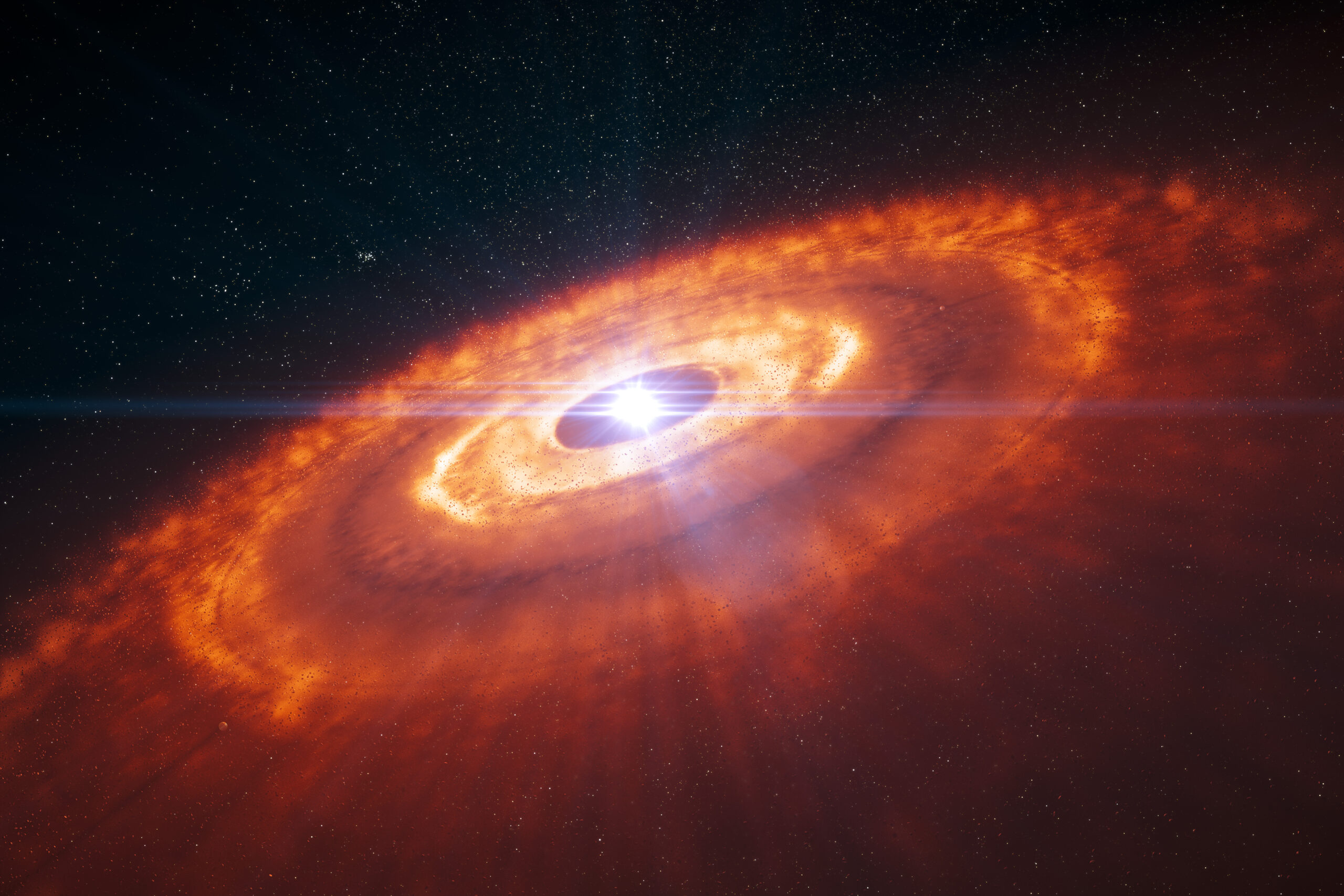 Impressão artística de uma estrela jovem cercada por um disco protoplanetário onde planetas estão se formando. Com a configuração de linha de base longa do ALMA (15 km), astrônomos obtiveram pela primeira vez uma imagem extremamente detalhada de um disco protoplanetário, revelando sua complexa estrutura. Os anéis concêntricos de gás e os espaços entre eles indicam a formação de novos planetas — exatamente como previam as simulações de computador. Créditos: ESO/L. Calçada