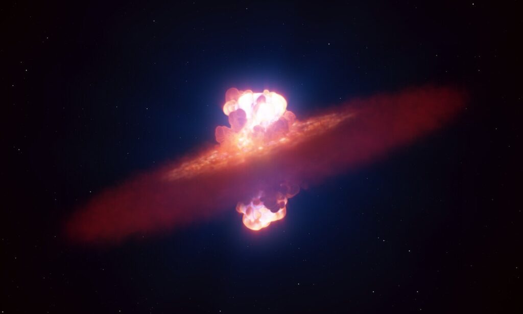 Esta ilustração artística mostra uma estrela entrando em supernova. A cerca de 22 milhões de anos-luz de distância, a supernova SN 2024ggi explodiu na galáxia NGC 3621. Usando o Very Large Telescope (VLT) do ESO, astrônomos conseguiram registrar os estágios iniciais da explosão, quando a onda de choque estava rompendo a superfície da estrela. Observar esse momento tão cedo — apenas 26 horas após a detecção da supernova — permitiu revelar seu formato real. A explosão se expandiu em uma forma semelhante a uma oliva. Esta é a primeira vez que a forma de uma supernova é observada em um estágio tão inicial. Créditos: ESO / L. Calçada