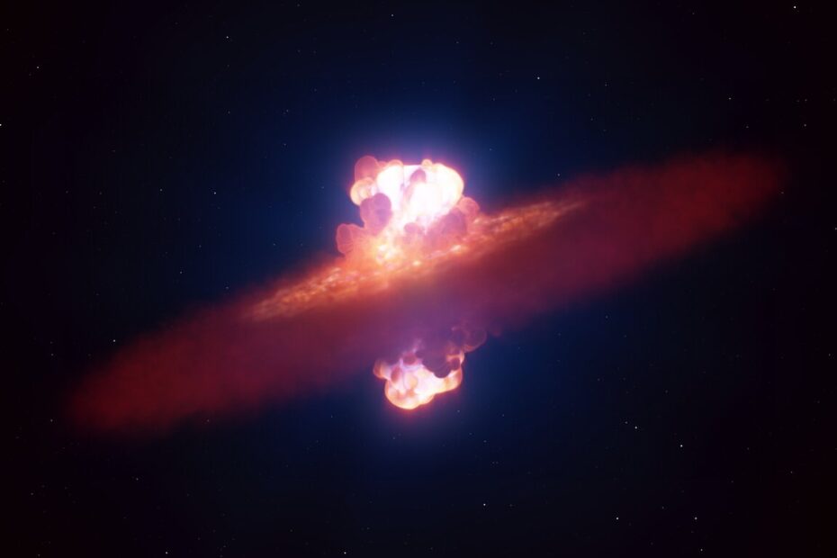 Esta ilustração artística mostra uma estrela entrando em supernova. A cerca de 22 milhões de anos-luz de distância, a supernova SN 2024ggi explodiu na galáxia NGC 3621. Usando o Very Large Telescope (VLT) do ESO, astrônomos conseguiram registrar os estágios iniciais da explosão, quando a onda de choque estava rompendo a superfície da estrela. Observar esse momento tão cedo — apenas 26 horas após a detecção da supernova — permitiu revelar seu formato real. A explosão se expandiu em uma forma semelhante a uma oliva. Esta é a primeira vez que a forma de uma supernova é observada em um estágio tão inicial. Créditos: ESO / L. Calçada