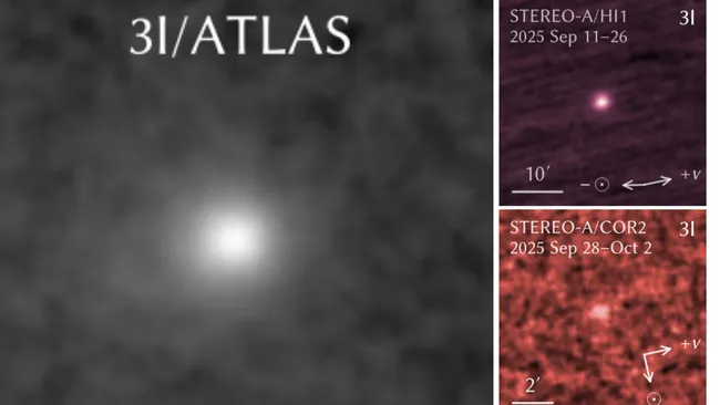 O cometa 3I/ATLAS está brilhando de forma inesperada à medida que se aproxima do Sol. (Crédito da imagem: Q. Zheng, K. Battams, 2025)