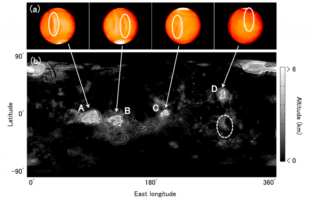 Formações em forma de arco nas nuvens de Vênus observadas pela Câmera de Infravermelho de Onda Longa (LIR) da sonda Akatsuki (imagens superiores) e suas respectivas localizações topográficas. As linhas brancas de contorno indicam altitudes de 3 km. (Fonte: Kouyama et al., 2017)