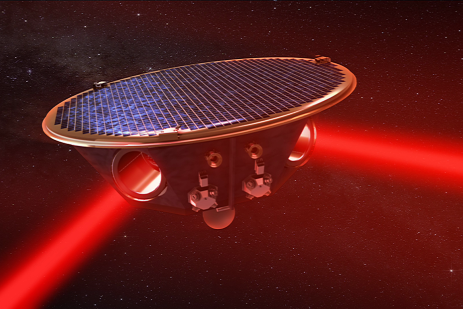 Concepção artística da missão LISA (Laser Interferometer Space Antenna), liderada pela ESA com contribuições da NASA. O projeto usará três espaçonaves separadas por mais de um milhão de milhas, formando um triângulo no espaço. Feixes de laser entre os satélites medirão pequenas variações em suas distâncias causadas pela passagem de ondas gravitacionais — abrindo uma nova janela para observar o Universo. Créditos: NASA / ESA / AEI / MM / Exozet