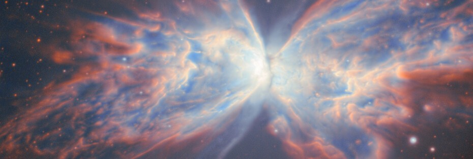 Recorte central da Nebulosa da Borboleta (NGC 6302) mostrando a região interna iluminada pela anã branca extremamente quente responsável por ionizar o gás ao redor. O detalhe revela filamentos densos, padrões de choque e estruturas brilhantes formadas por ventos estelares intensos expandindo-se a partir da estrela central. Créditos: International Gemini Observatory/NOIRLab/NSF/AURA; processamento de imagem por J. Miller, M. Rodriguez, T.A. Rector e M. Zamani.