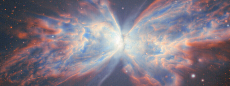 Recorte central da Nebulosa da Borboleta (NGC 6302) mostrando a região interna iluminada pela anã branca extremamente quente responsável por ionizar o gás ao redor. O detalhe revela filamentos densos, padrões de choque e estruturas brilhantes formadas por ventos estelares intensos expandindo-se a partir da estrela central. Créditos: International Gemini Observatory/NOIRLab/NSF/AURA; processamento de imagem por J. Miller, M. Rodriguez, T.A. Rector e M. Zamani.