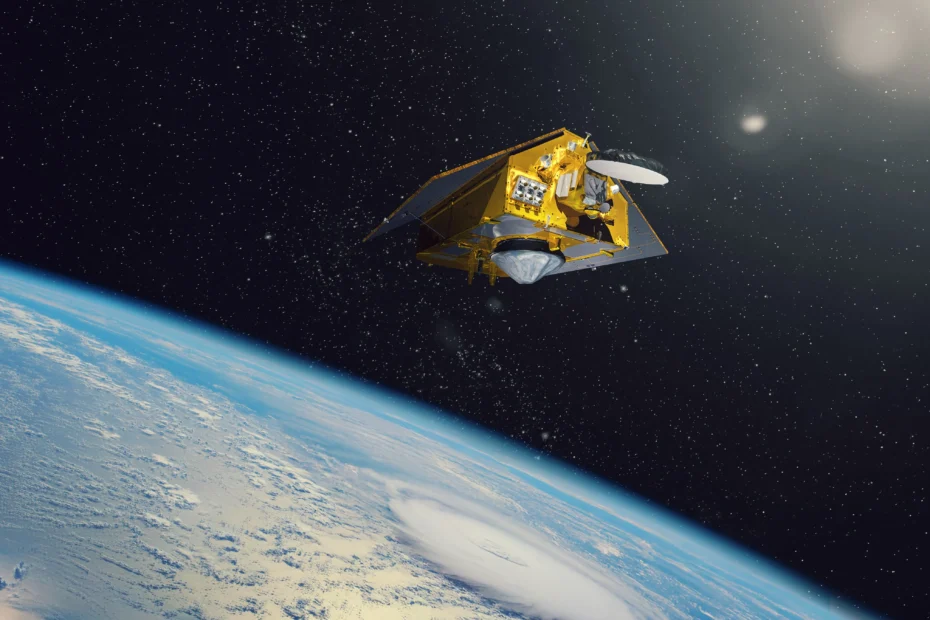 Nesta ilustração artística, o satélite de observação oceânica Sentinel-6B orbita a Terra com seus painéis solares dobráveis completamente estendidos. Créditos: NASA/JPL-Caltech