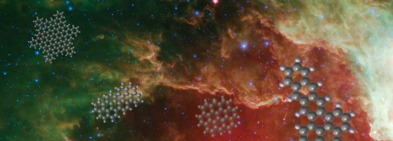 Imagem de uma nebulosa interestelar com algumas estruturas moleculares de hidrocarbonetos aromáticos policíclicos (PAHs) sobrepostas. Crédito: NASA.