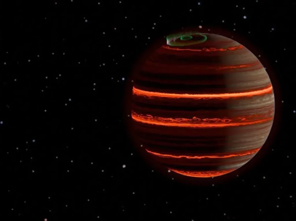 Auroras brilhantes no polo da anã marrom SIMP J013656.5+093347, geradas por intensos campos magnéticos, iluminam sua atmosfera turbulenta e revelam a interação energética em um mundo errante sem estrela.