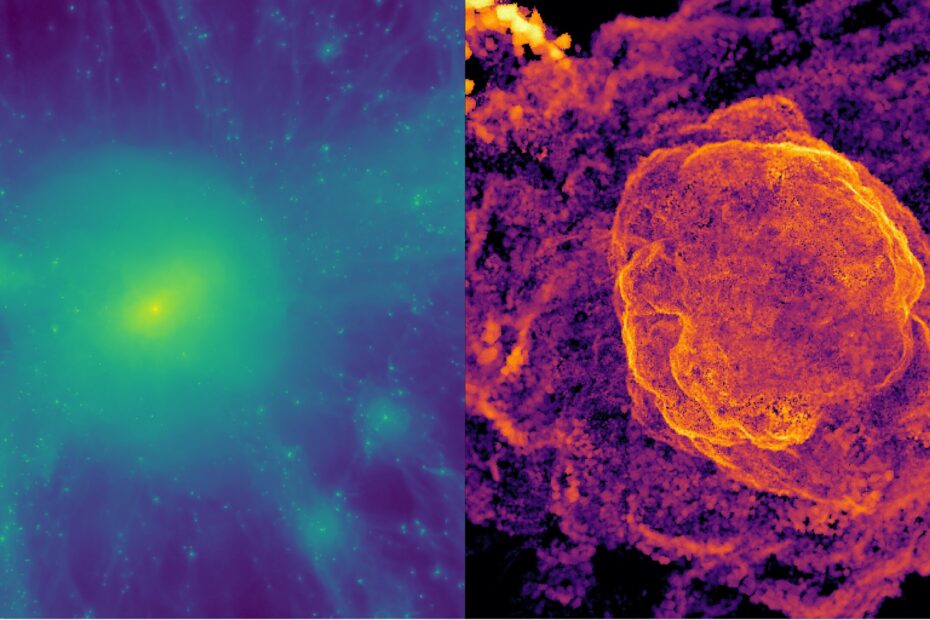 A imagem mostra uma simulação cosmológica de um aglomerado de galáxias em plena colisão. As camadas coloridas revelam ondas de choque se espalhando pelo gás quente, comprimindo matéria e amplificando campos magnéticos. No canto direito, vemos um recorte ampliado: a frente de choque encontra uma onda de acreção e forma uma fina concha de gás comprimido — exatamente o tipo de estrutura que dá origem às enigmáticas relíquias de rádio observadas pelos astrônomos.
