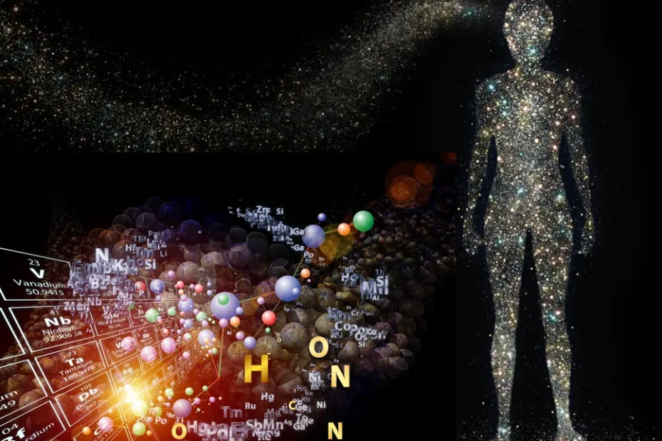 Silhueta de uma pessoa preenchida por estrelas, simbolizando que somos feitos dos mesmos elementos do cosmos. Ao lado, aparecem ícones dos principais componentes químicos do corpo humano — carbono, oxigênio, ferro e cálcio — conectando visualmente a ideia de que a vida nasceu das estrelas.