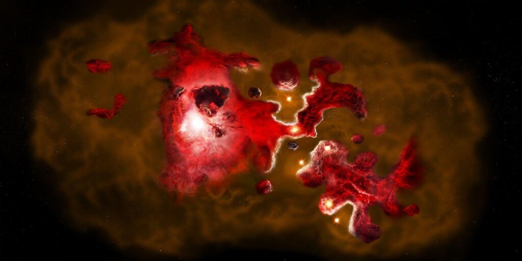 Ilustração artística da galáxia CRISTAL-13. À esquerda, regiões ricas em poeira obscurecem estrelas recém-nascidas, cuja energia é reemitida nos comprimentos de onda milimétricos observados pelo ALMA. À direita, aglomerados estelares jovens dissipam a poeira e brilham visivelmente nas imagens do JWST e do HST.
Crédito: NSF/AUI/NRAO/B. Saxton